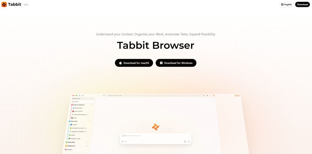 Tabbit 浏览器(国际版)网站首页截图预览