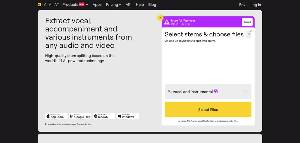 LALAL.AI网站首页截图预览