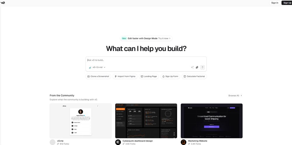 v0.dev网站首页截图预览