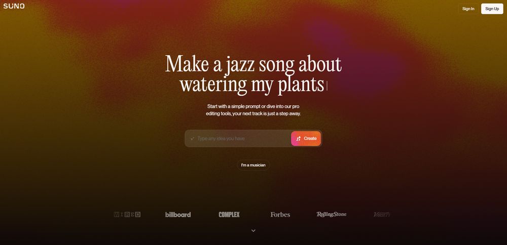 Suno网站首页截图预览