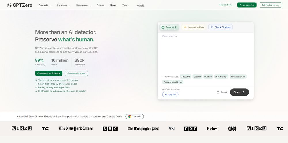 GPTZero网站首页截图预览